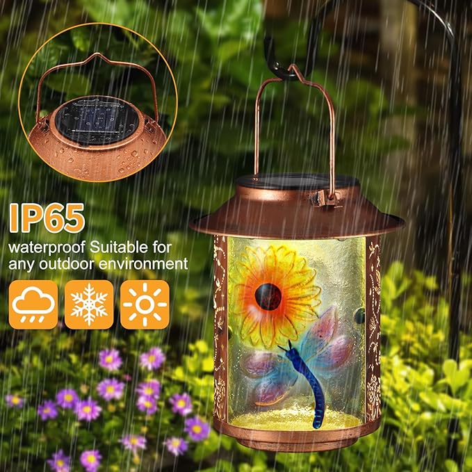 Dragonfly Solar Lanterns Outdoor Waterproof, Birthday Gifts for Women Mom Grandma , Metal Garden Decor Hanging Solar Lights Outside Decorative for Yard Patio Backyard Porch Decorations (Sunflower)