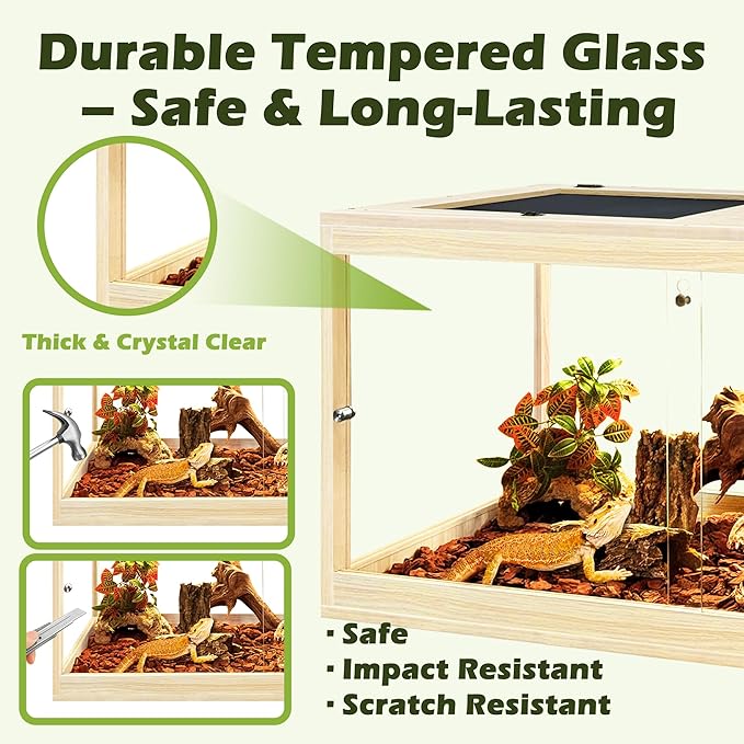 Prolee Tempered Glass Bearded Dragon Tank,Reptile Encloure and Snake Tank with Metal Mesh Roof Door,Locking Design Reptile Tank for Lizard,Gecko,Chameleon (Oak, 32 Gallon (32x16x16 Inch))