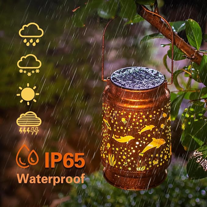Dolphin Solar Lanterns Outdoor Waterproof Hanging Solar Lights Dolphin Gifts for Women Men Metal Decorative LED Dolphin Lanterns for Garden Decor,Yard,Patio,Lawn,Tabletop,Pathway,Landscape
