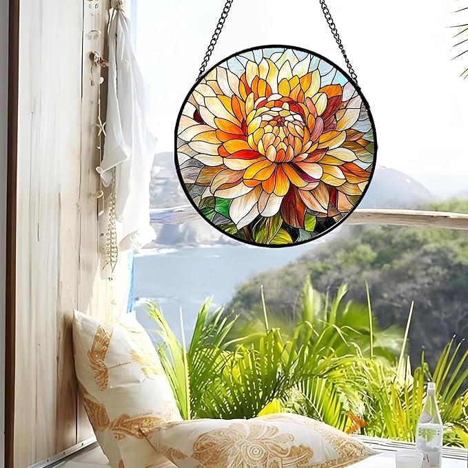 Stained Glass Window Hanging - Chrysanthemum Suncatcher for Doors Garden Patio Birth Flowers Sun Catchers Decor Christmas Mother's Day Birthday Gifts for Women Men Mom Nana Friend 9.8 in