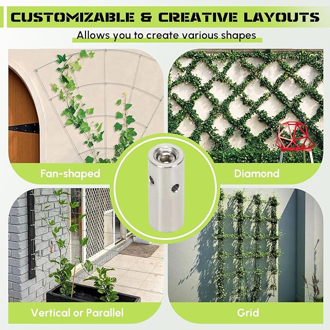 Wire Trellis for Climbing Plants Outdoor, 20-Set Wall Wire Trellis Kit with 1/8" x 98ft Stainless Steel Cable and Cutter, T316 Cylindrical Espalier System for Fence Garden DIY on Concrete Wood Walls