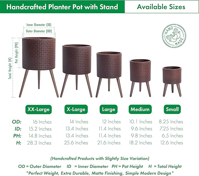 D'vine Dev 8 Inch Modern Geometric Tile Patterned Sleek Planter Pot with Stand, Indoor Outdoor Decorative Plant Holder, Espresso, 88-Z-A-6