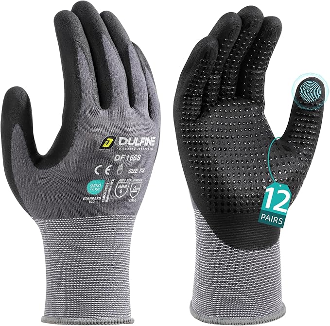 DULFINE Work Gloves for Men and Women,Grey Nylon with MicroFoam Nitrile Coated-12 Pairs Pack, Dots on Palm for Anti-slip and Extra Abrasion Resistant(Large)