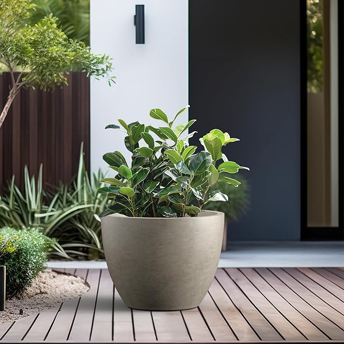 Kante 17.3 Inch Round Concrete Planter - Classic Large Indoor/Outdoor Plant Pot with Drainage Hole and Rubber Plug, Suitable for Gardens and Patios, Weathered Concrete