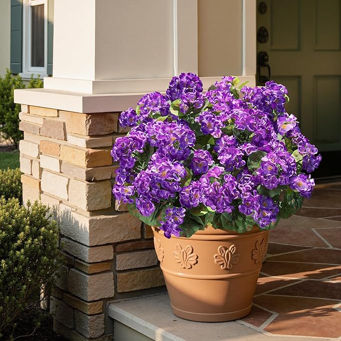Artificial Geranium Fake Flowers for Outdoors Decoration, 6 Bundles Silk Geraniums Flower UV Resistant Look Real Faux Plants for Outside Planter Front Door Garden Patio Balcony Yard Home, Purple
