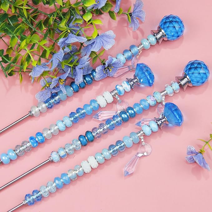 121 Pcs DIY Fairy Wand Beaded Garden Stakes Kit, Fairy Wands Garden Kit Blue Large Hole Bead with Sparkling Pendants Crystal Stopper Top Threaded Rod Beaded Garden Stakes Supplies Outdoor Decorative