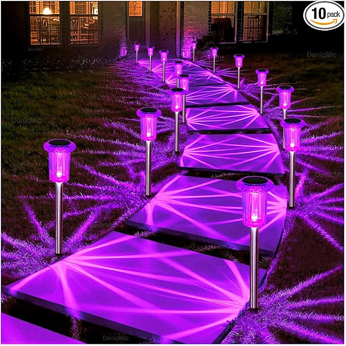 DenicMic Halloween Solar Lights Outdoor 15 Pack Waterproof Purple LED Stainless Steel Stake Outside Lights for Yard Pathway Garden Driveway Walkway Landscape Path Halloween Decorations Outdoor