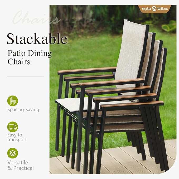 Sophia & William Patio Chairs Set of 4, Lightweight Aluminium Frame and Breathable Textilene Fabric, Stackable Outdoor Dining Chairs - Beige