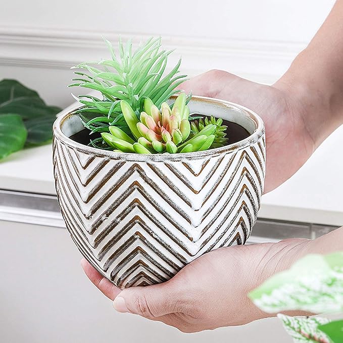 VanEnjoy 5.5 inch Large Round Bohemian Style Ceramic Planter, Geometry Engrave Off White Brown Succulent Planter Flower Pot, Indoor Outdoor Decorative Planter