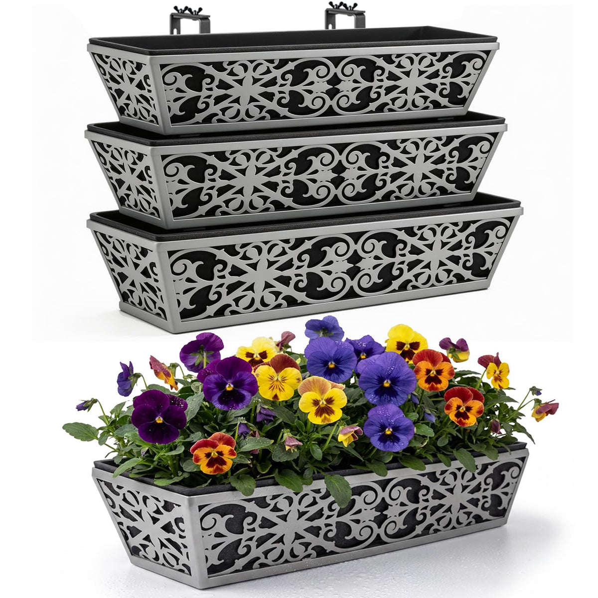 4 Pack 24 Inch Window Boxes Planter for Outdoor Plants Deck Railing Planters Box with Adjustable Brackets for Porch Fence Balcony Hanging Flower Baskets with Non-Woven Fabric Liner for Garden Decor