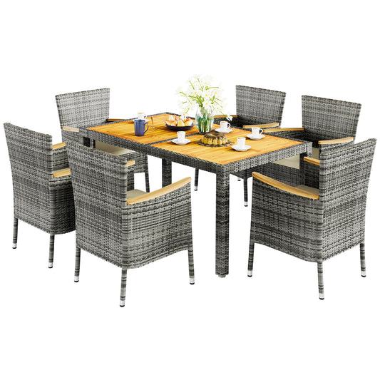 Vongrasig 7 Piece Small Patio Dining Set, Space-Saving Outdoor Wicker Furniture Conversation Set with Wood Table and Cushioned Rattan Chairs for Lawn, Garden, and Backyard (Gray)