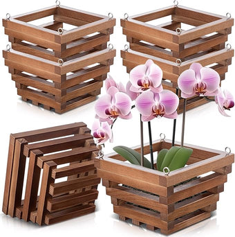 6 Sturdy Orchid Hanging Baskets, Wooden Plant Hanging Baskets, Handmade Inverted Trapezoidal Suitable for Orchids and Other Plants, Staghorn Ferns for Outdoor and Indoor Use, 6 Inch(Wooden)