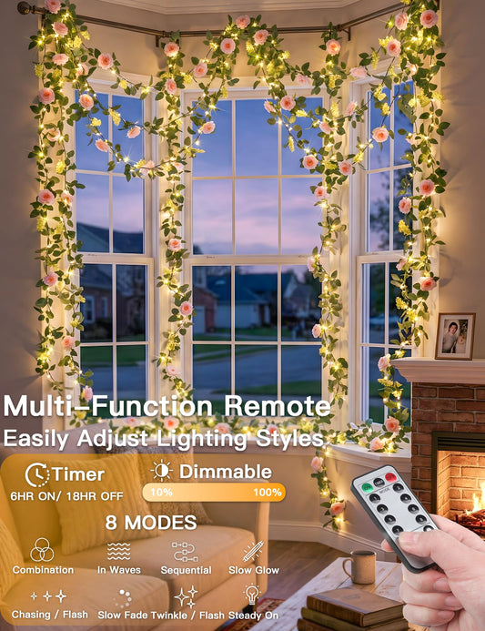 suddus 60LED Garland with Pink Camellia Lights Battery Operated Clear Wire