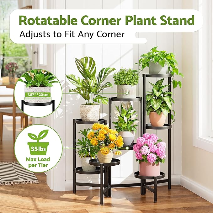 NQW 8 Tiered Plant Stand Indoor for Multiple Large Planter, Tall Heavy Duty Adjustable Folding Rack with Rustproof 7.9 Inch Wide Tray, Plant Shelf for Corner Living Room - BlackDisk