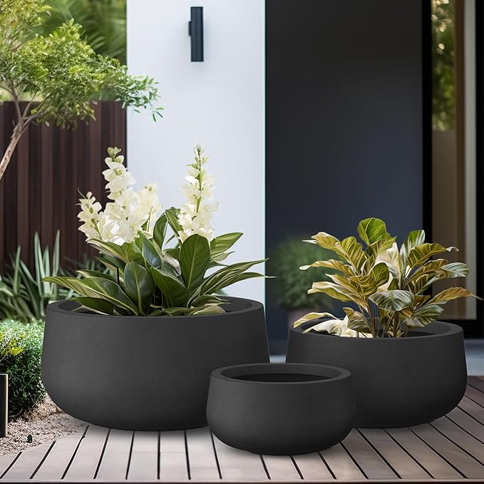 Kante 19.6",15.7",11.8" Dia Round Concrete Planters Set of 3, Outdoor Indoor Garden Plant Pots with Drainage Hole and Rubber Plug, Modern Curvaceous Design, Black