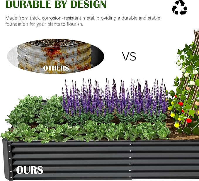 Domi 8x4x1.5ft Metal Raised Garden Beds Outdoor, Thickened Galvanized Steel Deep Root Planter Box with Stabilizing Bars & Rubber Edging for Vegetables, Flowers, Herbs - Dark Gray