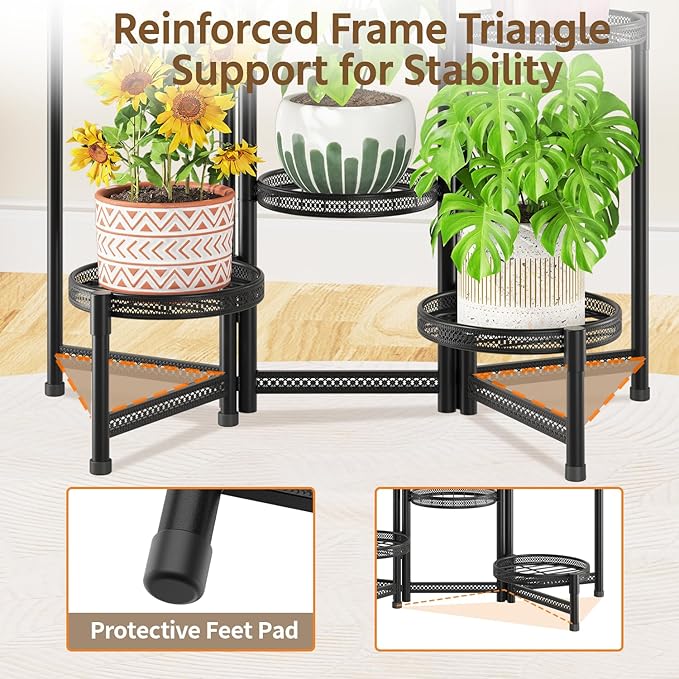 LASZOLA 6 Tiered Folding Tall Plant Stand for Indoor Outdoor Corner, Larger Heavy Duty Metal Adjustable Multiple Rack with 10 Inch Wide Hollow Tray, Flower Planter Holder for Modern House Patio, Black