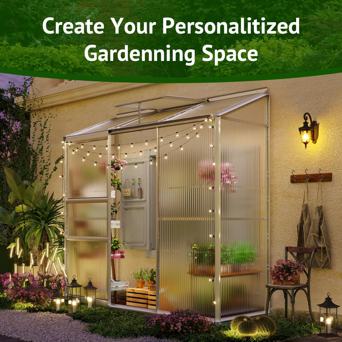 Showellgard Lean-to Polycarbonate Greenhouse 6x2 FT, Sliver, Outdoor Garden