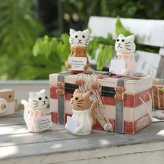 YOOJEE Positive Crochet Animals Cat – “You are Pawsome” Valentines Day Crochet Gift for Her Teens Women Adults Mom, Emotional Support Animal, Teacher Appreciation, Birthday Gift, Desk & Home Decor