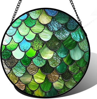 QZQCBLC Stained Glass Window Hanging Green Abstract Texture 6.3" - Marine Suncatcher Door Garden Sun Catcher Home Decor Birthday Christmas for Mom Men Woman Wife Friend