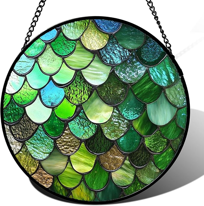 QZQCBLC Stained Glass Window Hanging Green Abstract Texture Large 15" - Marine Suncatcher Door Garden Sun Catcher Home Decor Birthday Christmas for Mom Men Woman Wife Friend