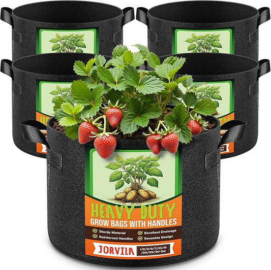 Jorvila 5 Pack 7 Gallon Grow Bags, Thickened Nonwoven Fabric Planter Pots with Handles, Heavy Duty 300G Garden Pots for Tomato, Potato and Vegetable