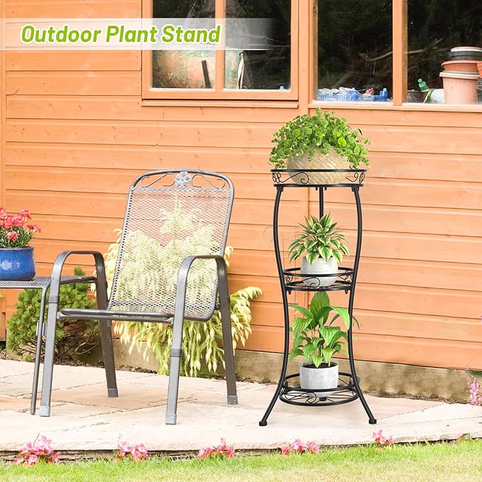 KMOTASUO 3 Tier Tall Metal Plant Stand, 33 Inch Plant Stands Indoor Outdoor, Rustproof Iron Flower Pot Holder Display Rack for Corner Patio Garden Balcony Living Room(Black)