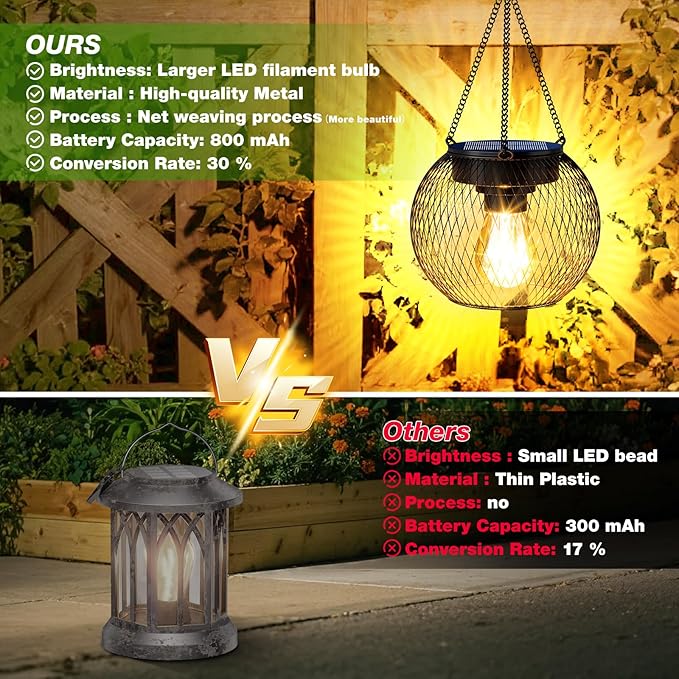 Solar Lanterns Outdoor Waterproof 4 Pack, Upgraded Metal Solar Hanging Lights with Hooks & Auto On/Off, Brighter Warm Outdoor Hanging Lantern Lighting for Porch Garden Yard Pathway Decor