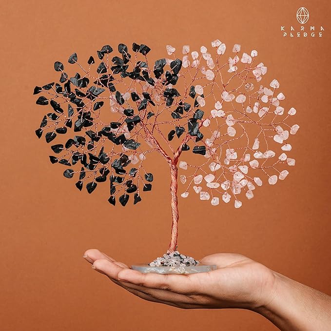 Crystal Tree for Home and Office Decoration, Black Obsidian & Rose Quartz Healing Stones Handmade Tree of Life for Positive Energy, Money, Good Luck, Christmas Decor, Birthday Gifts for Women, Mom