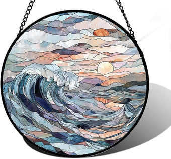 DASTOLL Stained Glass Window Hanging, Sunrise Waves Sun Catchers Diamond Glass Panel Hangings Abstract Suncatcher Decor for Birthday for Women, Men, Wife, Aunt, and Mom 7.8 in