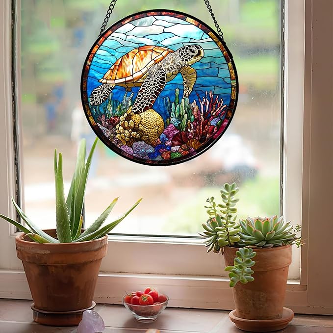 Stained Glass Window Hanging Blue Sea Ocean Coral Turtle Large 11.8" - Suncatcher Door Garden Sunroom Sun Catcher Home Decor Birthday Christmas for Mom Men Woman Nana