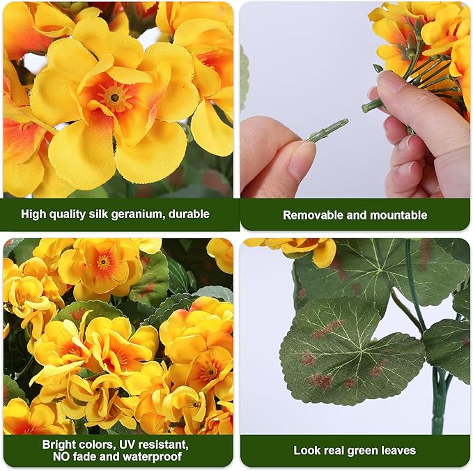 Fake Geraniums Artificial Flowers for Outdoors Winter Decoration, 6 Bundles Silk Geraniums UV Resistant Look Real Yellow Faux Flowers Plants for Front Door Garden Planter Patio Balcony Yard Home