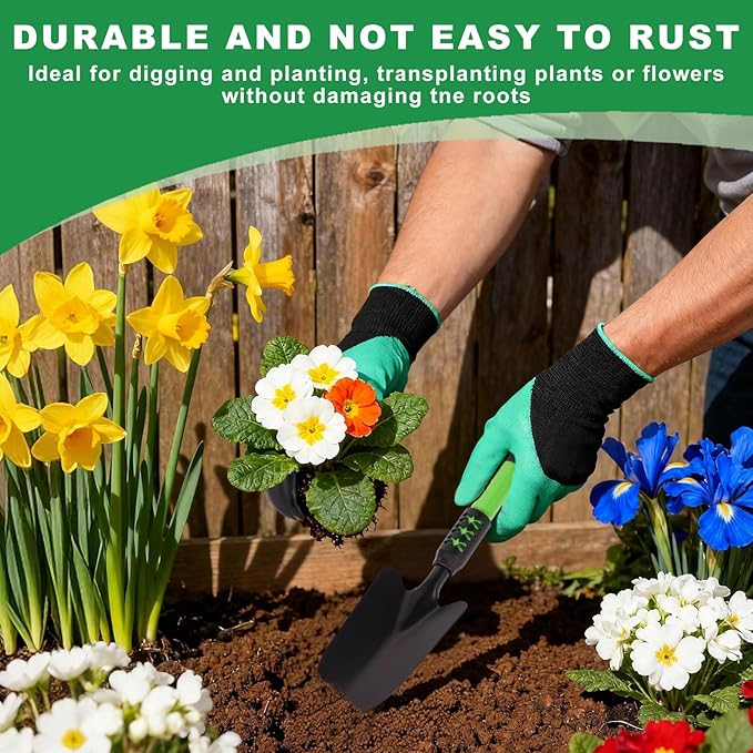 Garden Tool Set, 3 Pack Gardening Tools, Stainless Steel Heavy Duty Hand Cultivator, Hoes, Shovel, for Planting Weeding Digging, Green