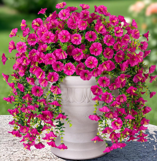 Artificial Faux Hanging Flowers Plant for Outdoor Decor,2 PCS Fake Silk Morning Glory with Eucalyptus UV Resistant Realistic Trailing Vine for Wall Home Porch Patio Balcony Yard Indoor Decor, Fuchsia