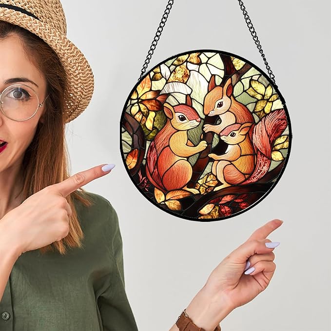 Stained Glass Window Hanging - 3 Cute Squirrels Suncatcher for Doors Garden Patio Sun Catchers Decor Christmas Mother's Day Teenager Birthday Gifts for Women Men Mom Nana Friend 15 in