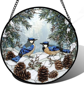 HWRHTR Stained Glass Window Hanging - Blue Bird Winter Forest Landscape Suncatcher for Door Garden Yard Sun Catchers Decor Christmas Mother's Day Birthday Gifts for Women Mom Nana Friend 15 in