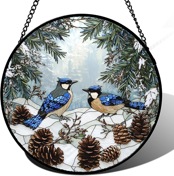 HWRHTR Stained Glass Window Hanging - Blue Bird Winter Forest Landscape Suncatcher for Door Garden Yard Sun Catchers Decor Christmas Mother's Day Birthday Gifts for Women Mom Nana Friend 9.8 in