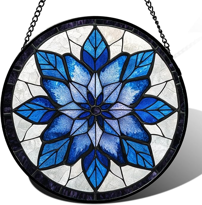 Stained Glass Window Hanging - Blue Snowflake Flowers Suncatcher for Doors Garden Patio Boho Sun Catchers Decor Christmas Mother's Day Birthday Gifts for Women Men Mom Nana Friend 15 in