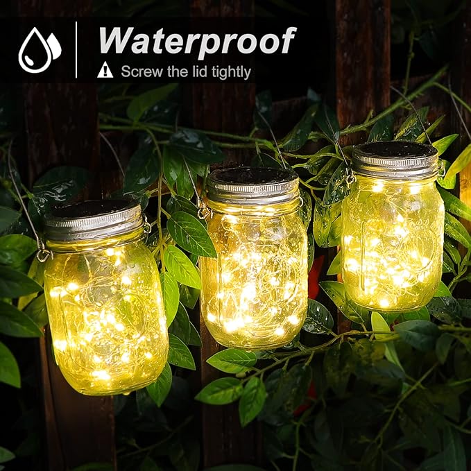 Mlambert Mason Jar Solar Lights -30 LED, 6 Pack Hanging Solar Lanterns Outdoor, Waterproof Fairy Lights for Patio Garden, Warm White
