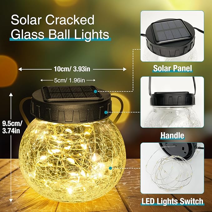 Kolpop Solar Lanterns Outdoor Waterproof 6 Pack, Hanging Solar Lights with 30 LED, Cracked Glass Hanging Globes for Garden Patio Fence Yard Christmas Tree Decoration,Warm White