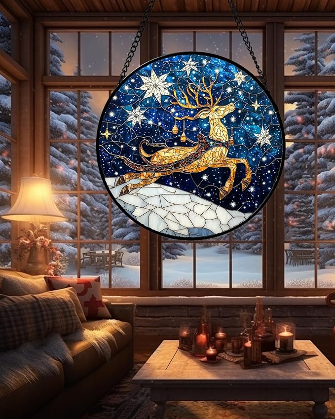 HWRHTR Stained Glass Window Hanging - Reindeer Blue Starry Sky Suncatcher for Doors Home Christmas Decoration Winter Sun Catcher Thanksgiving New Year Birthday Gifts for Women Men Mom Nana 7.8 in