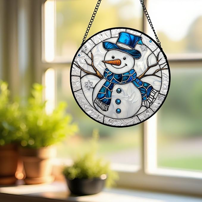 DASTOLL Stained Glass Window Hanging Christmas Snowman Blue White 9.8" - Suncatcher Door Garden Sun Catcher Home Decor Birthday Mother's Day Xmas Gift for Mom Men Woman Her Nana Parents Girl