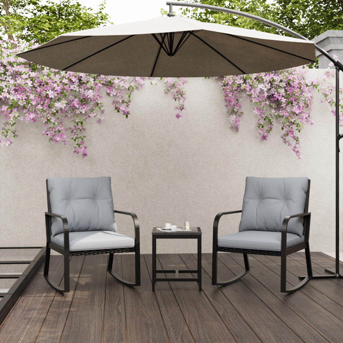 Temminkii Bistro 3 Piece Patio Furniture Set, Patio Table and Rattan Outdoor Rocking Chairs Set of 2, Outdoor Bistro Conversation Set for Garden, Balcony, Poolside, Backyard, Grey