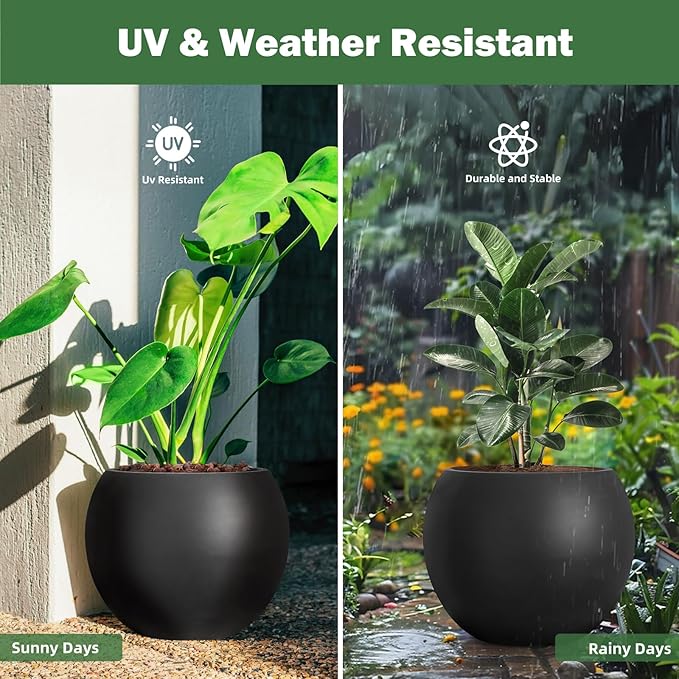 YOLENY 17.7'' Dia Large Round Planter with Drainage Hole, Sphere Planter Outdoor Indoor Plant Flower Pot with Rubber Plug for Garden Patio Balcony Home, Black