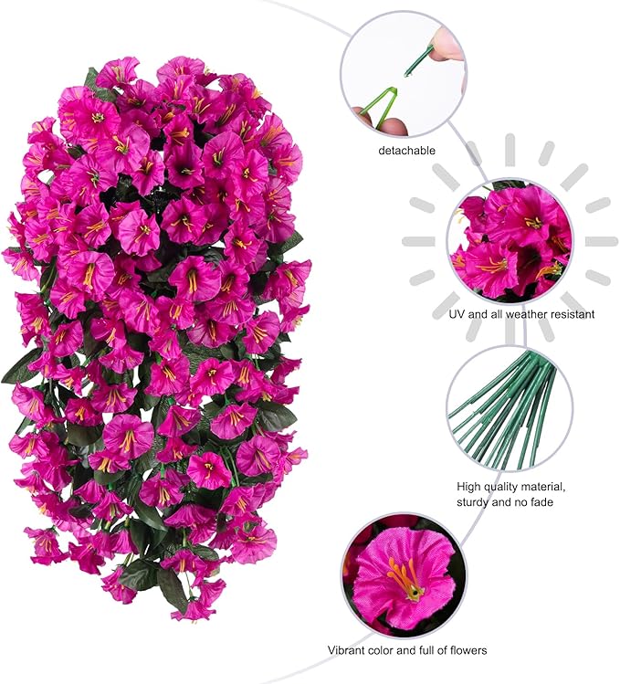 Artificial Faux Flowers Plants for Outdoor Outside Spring Summer Decoration, 2 PCS Fake Silk Fuchsia UV Resistant Realistic Morning Glory Long Trailing Vines for Hanging Planter Porch Patio Decor