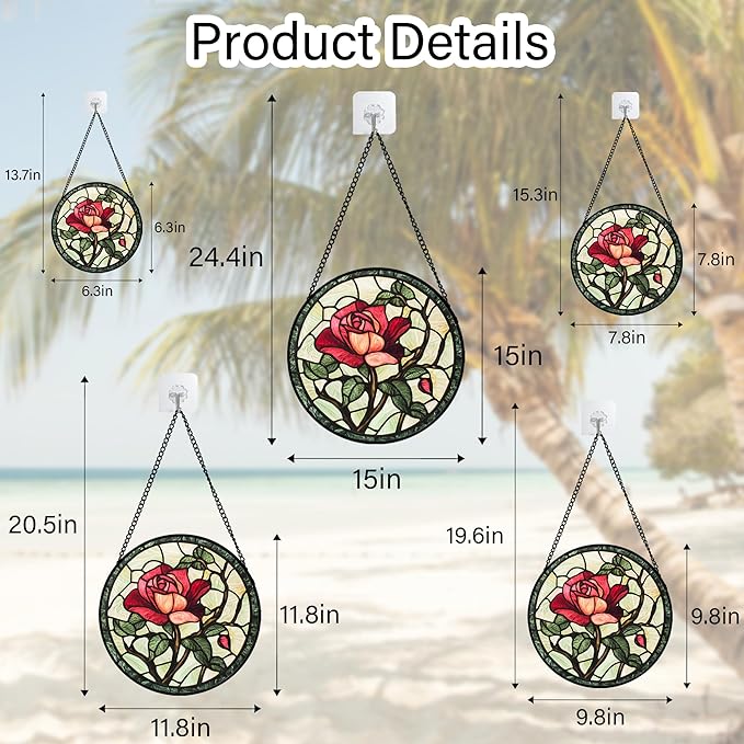 AMDERVEN Stained Glass Window Hanging, Red Rose Flowers Sun Catcher for Door Garden Home Decor Suncatcher Christmas Mother's Day Birthday Gifts for Women Lovers Men Wife Girlfriend Mom Nana 11.8 in