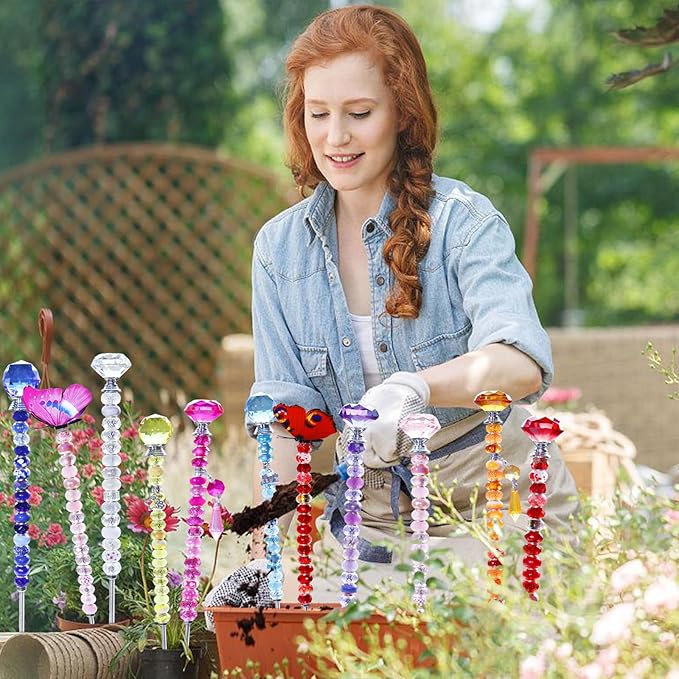 145 PCS Beaded Garden Stakes Kit, DIY Fairy Wand Garden Stake Beads Kits with Assortment Large Hole Beads 4 Crystal Stopper Top 2 Colored Butterfly Tops and Threaded Rods for Outdoor Indoor Decor