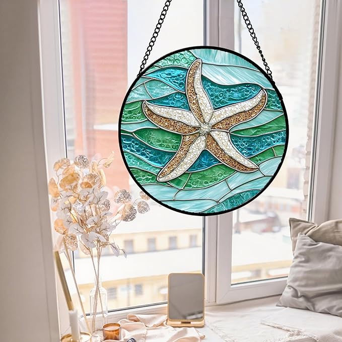 DASTOLL Stained Glass Window Hanging Teal Sea Waves Starfish Large 11.8" - Suncatcher Door Garden Sun Catcher Home Decor Birthday Mother's Day for Mom Men Woman Parents Her Child Nana