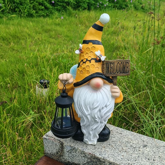 Maikall Rish Gnome Garden Statues with Solar Lights Outdoor Gnomes Sculpture Yard Patio Decor for Lawn Ornaments Gardening Gifts（Bee Gnome
