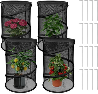 Zofylux 4 Pcs Pop Up Plant Cover Net,19”x 14”Round Foldable Plant Covers,Garden Plant Protectors with 16 Pcs Ground Stakes,Garden Mesh Covers for Outdoor and Indoor Plants